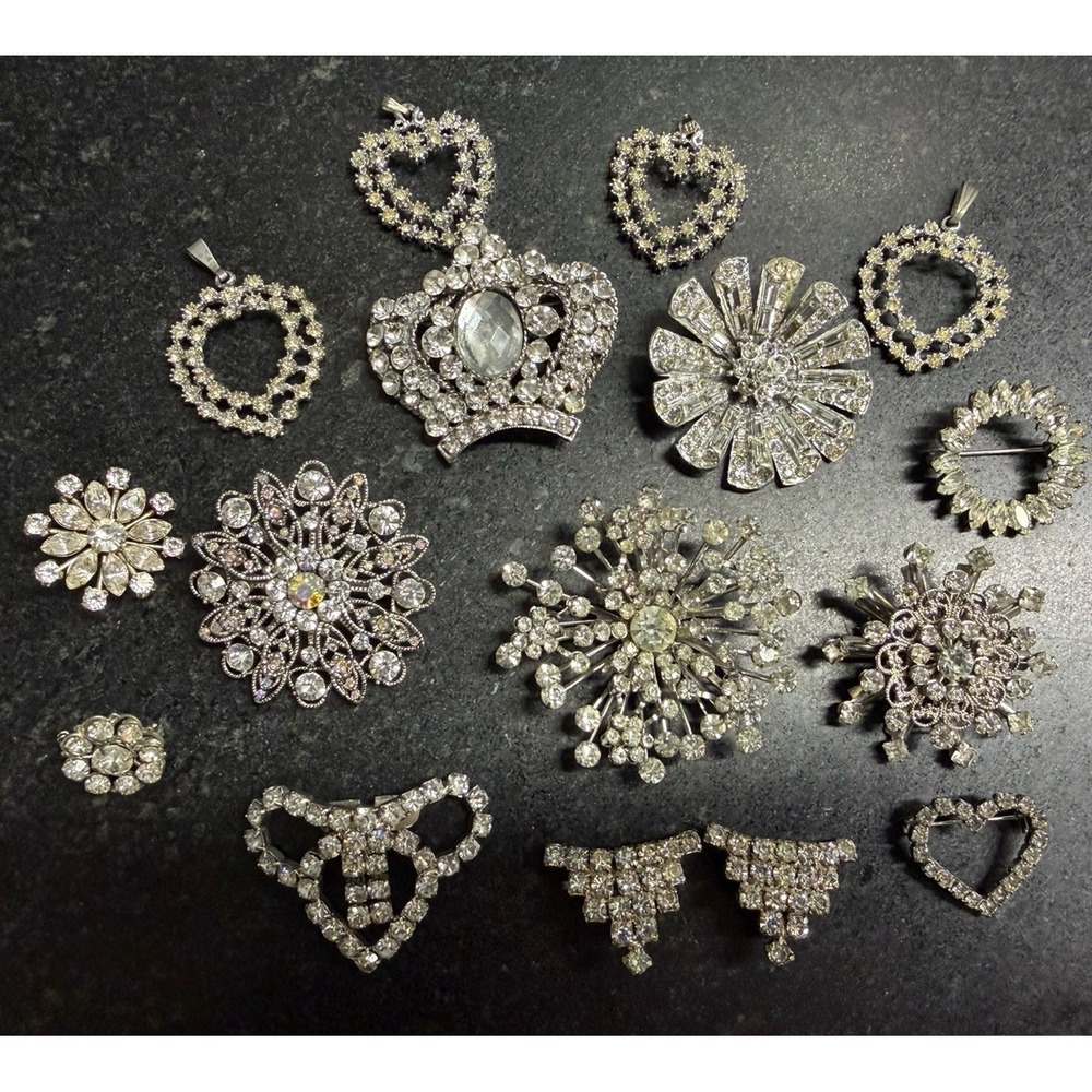 Vintage Rhinestone Jewelry Lot 16 Pc MONET Brooches Pendants Dress Clips Hearts